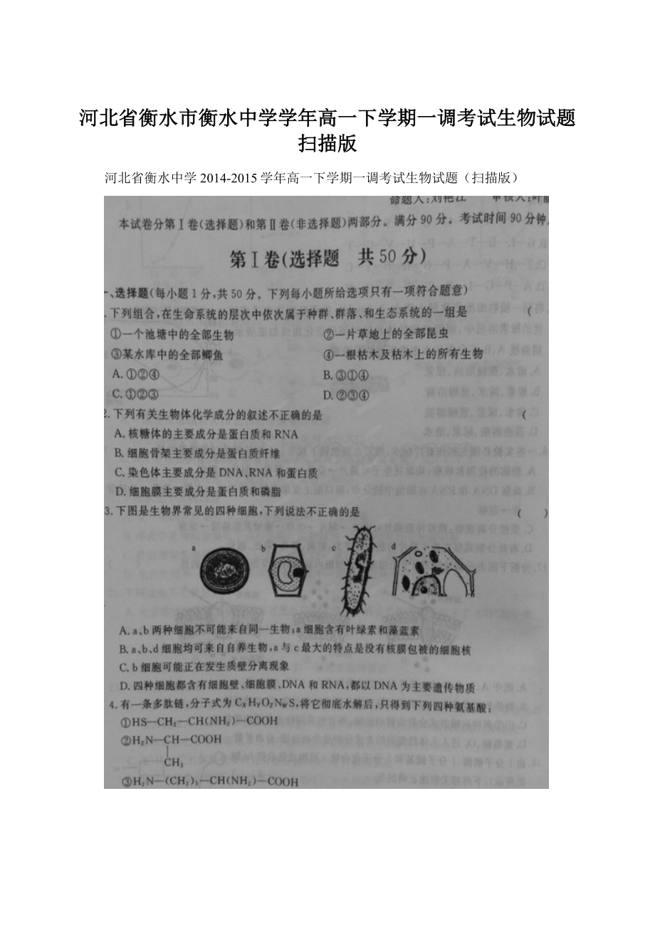 河北省衡水市衡水中学学年高一下学期一调考试生物试题扫描版.docx_第1页