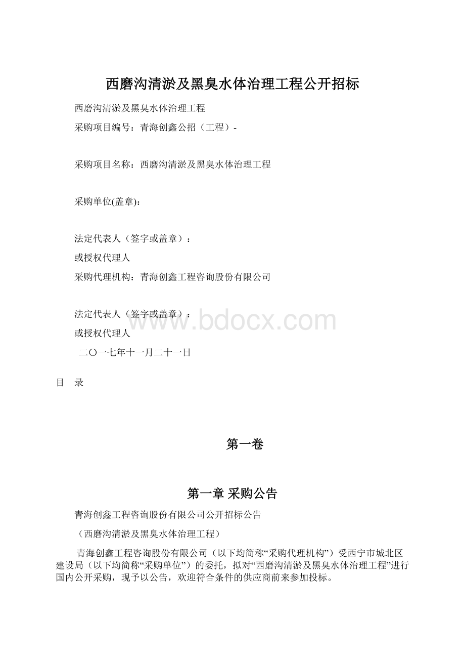 西磨沟清淤及黑臭水体治理工程公开招标Word下载.docx