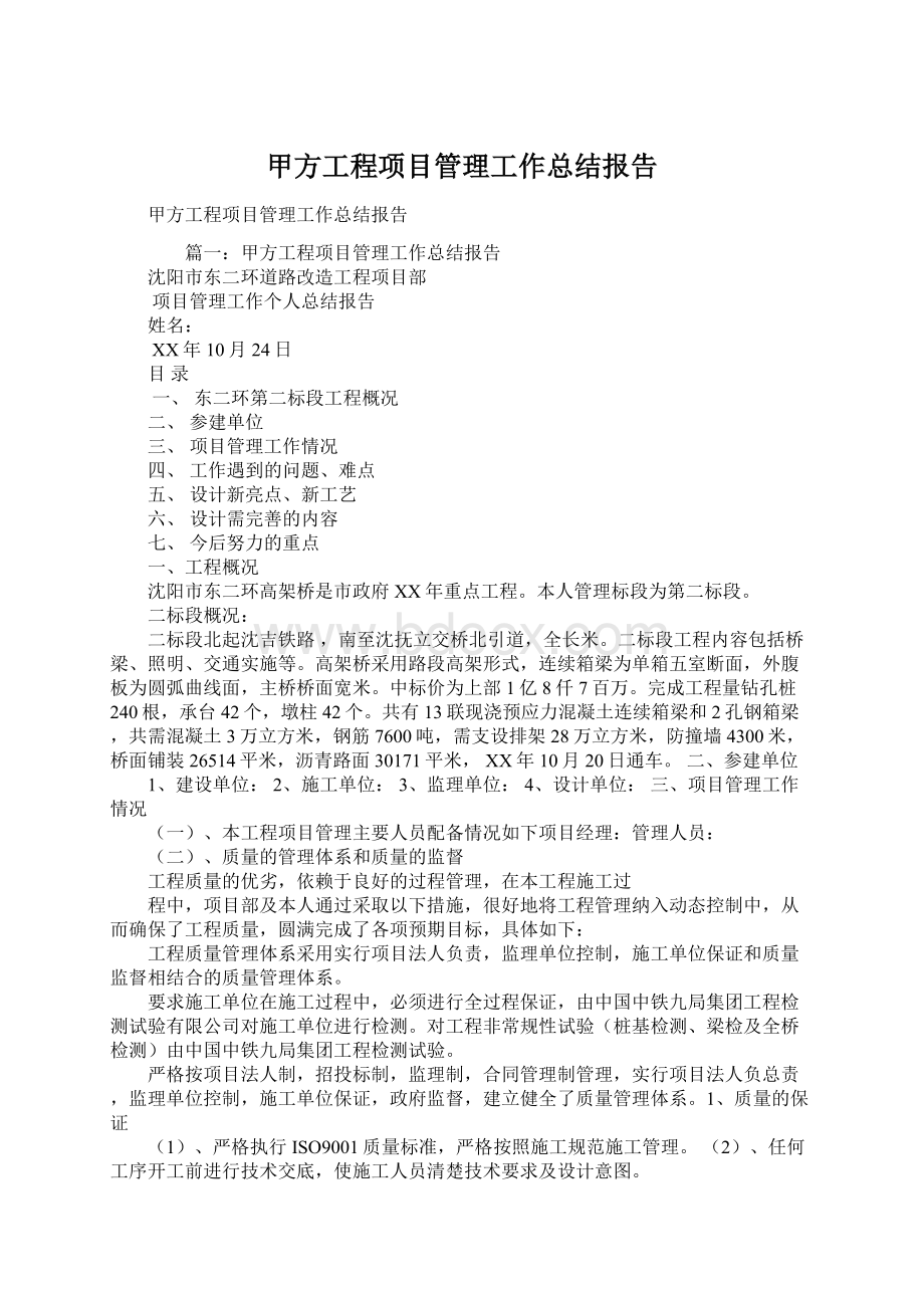 甲方工程项目管理工作总结报告文档格式.docx_第1页