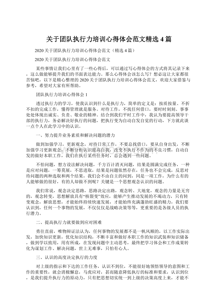 关于团队执行力培训心得体会范文精选4篇.docx