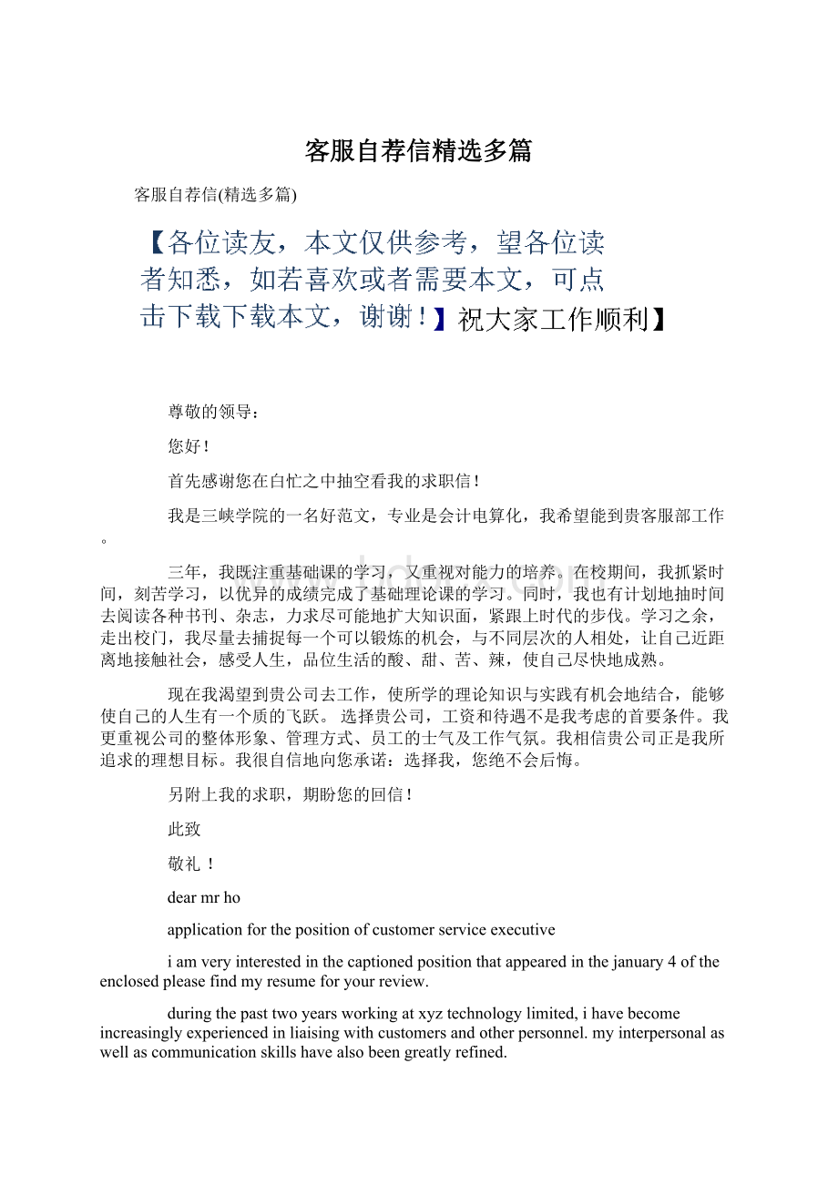 客服自荐信精选多篇文档格式.docx