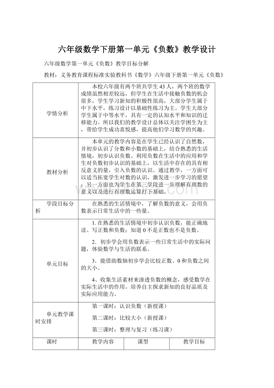 六年级数学下册第一单元《负数》教学设计.docx_第1页