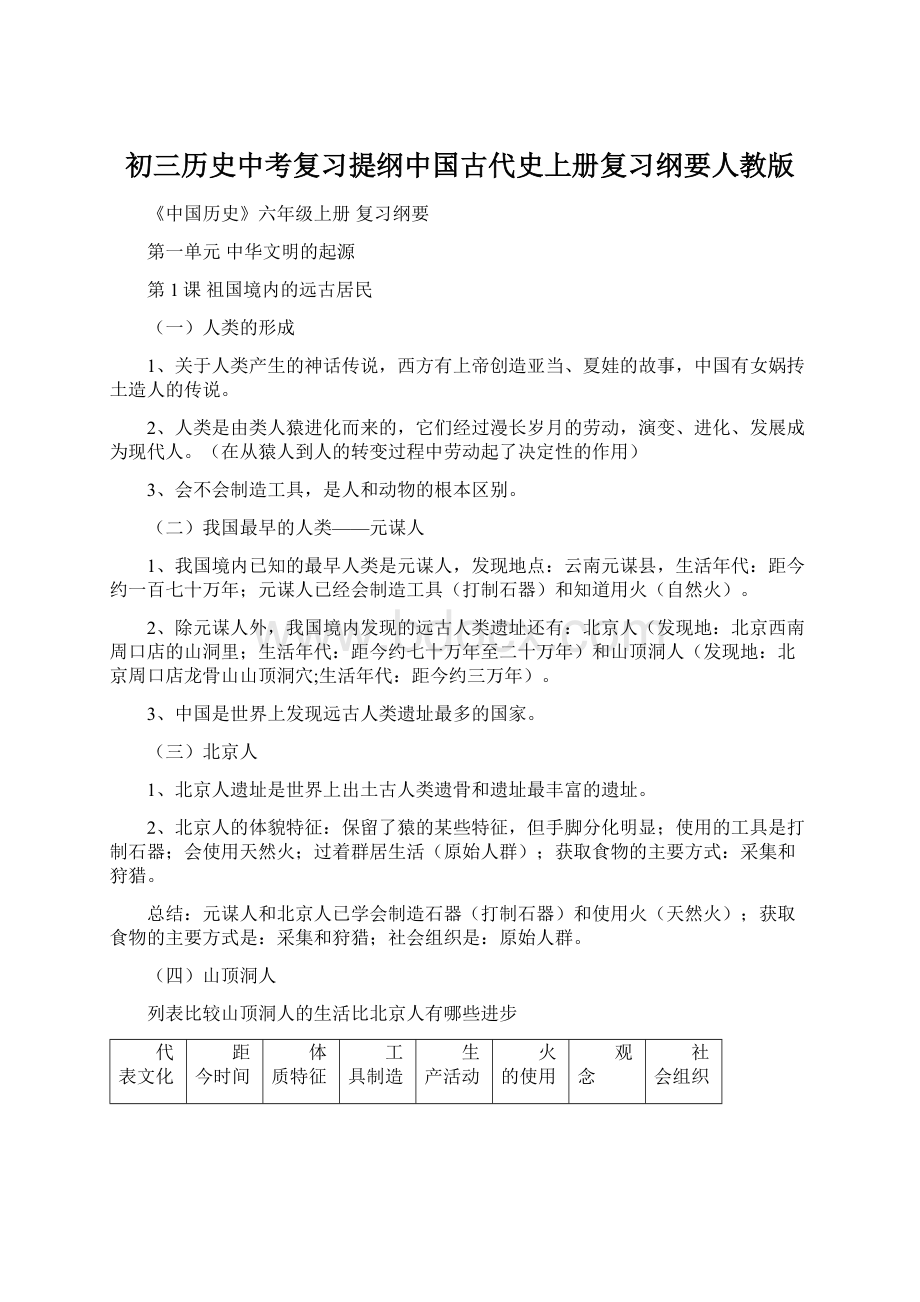 初三历史中考复习提纲中国古代史上册复习纲要人教版.docx_第1页