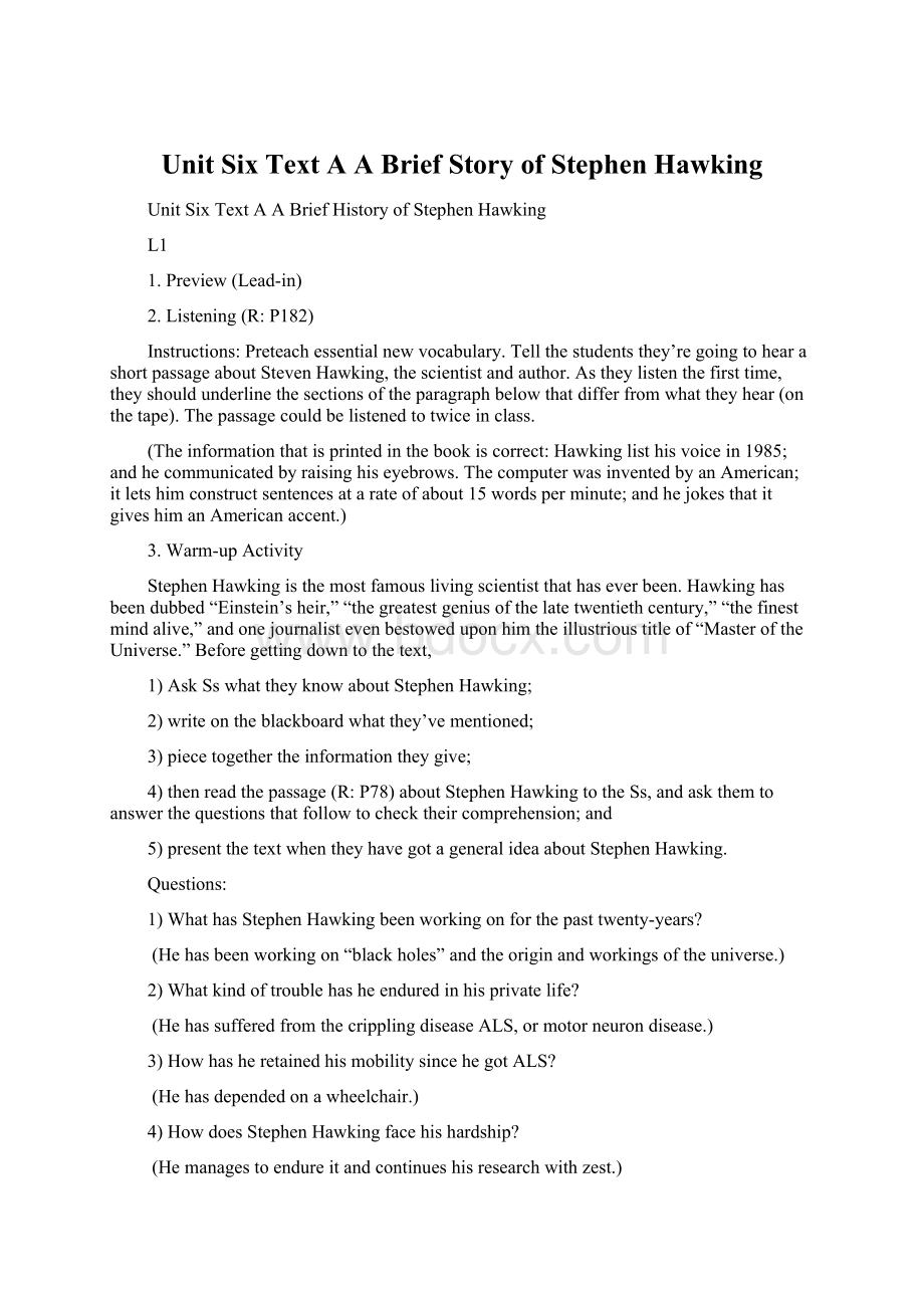 Unit SixText AA Brief Story of Stephen Hawking.docx