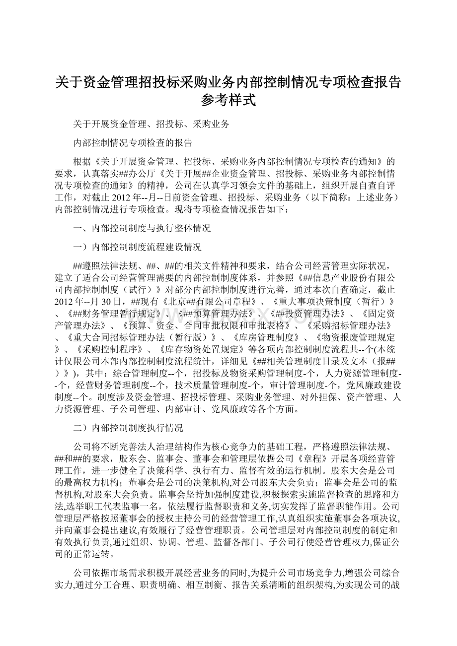 关于资金管理招投标采购业务内部控制情况专项检查报告参考样式.docx_第1页