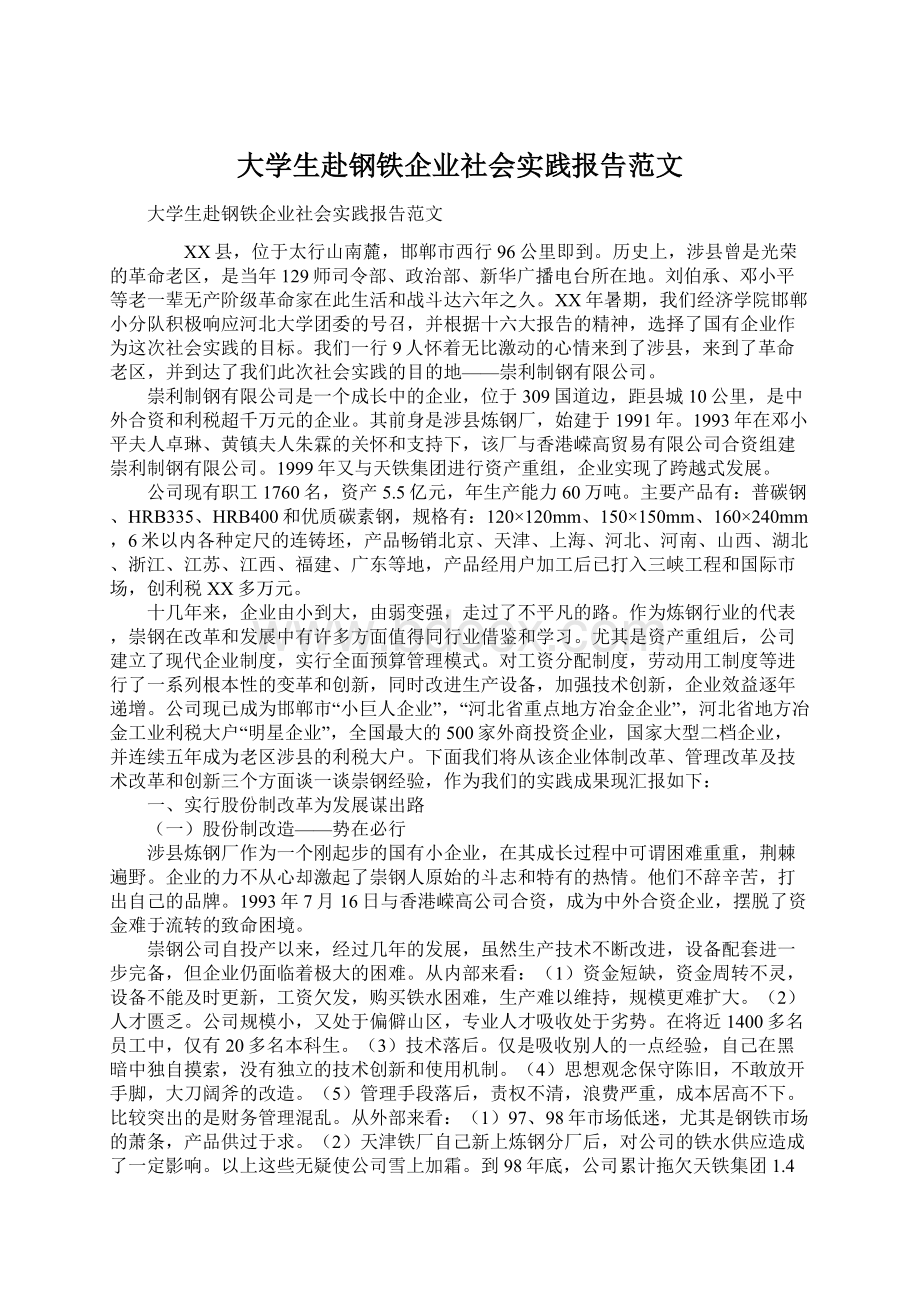 大学生赴钢铁企业社会实践报告范文Word文档格式.docx_第1页