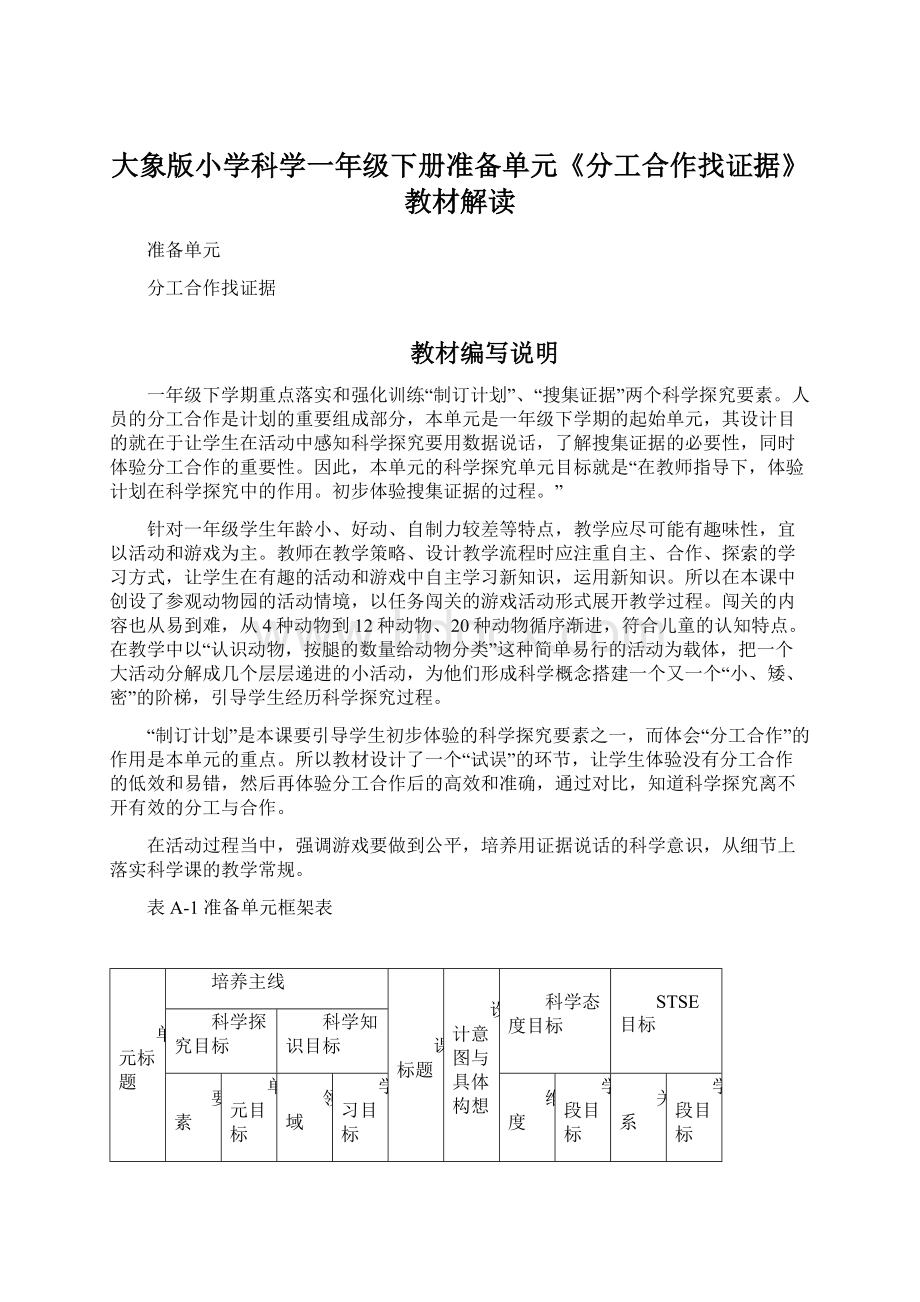 大象版小学科学一年级下册准备单元《分工合作找证据》教材解读.docx