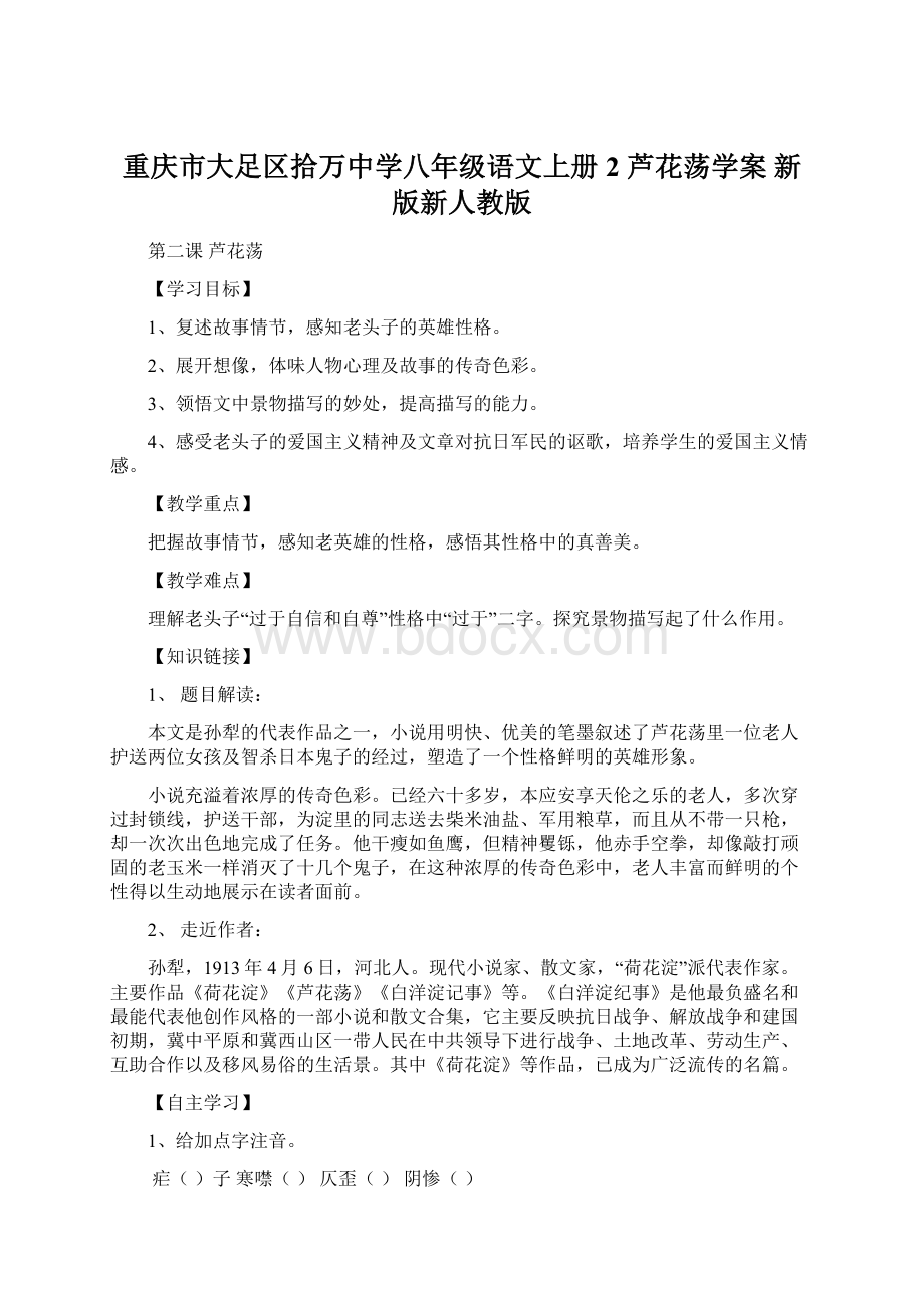 重庆市大足区拾万中学八年级语文上册 2 芦花荡学案 新版新人教版Word格式文档下载.docx