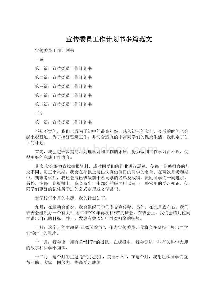 宣传委员工作计划书多篇范文.docx