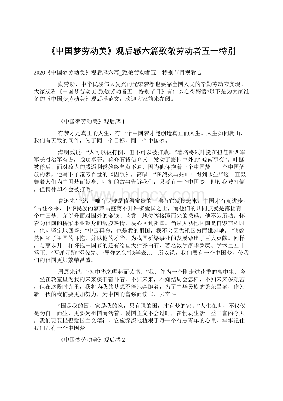 《中国梦劳动美》观后感六篇致敬劳动者五一特别Word文件下载.docx_第1页