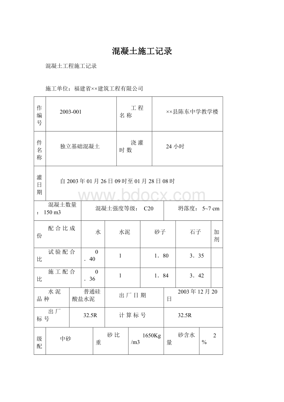 混凝土施工记录.docx