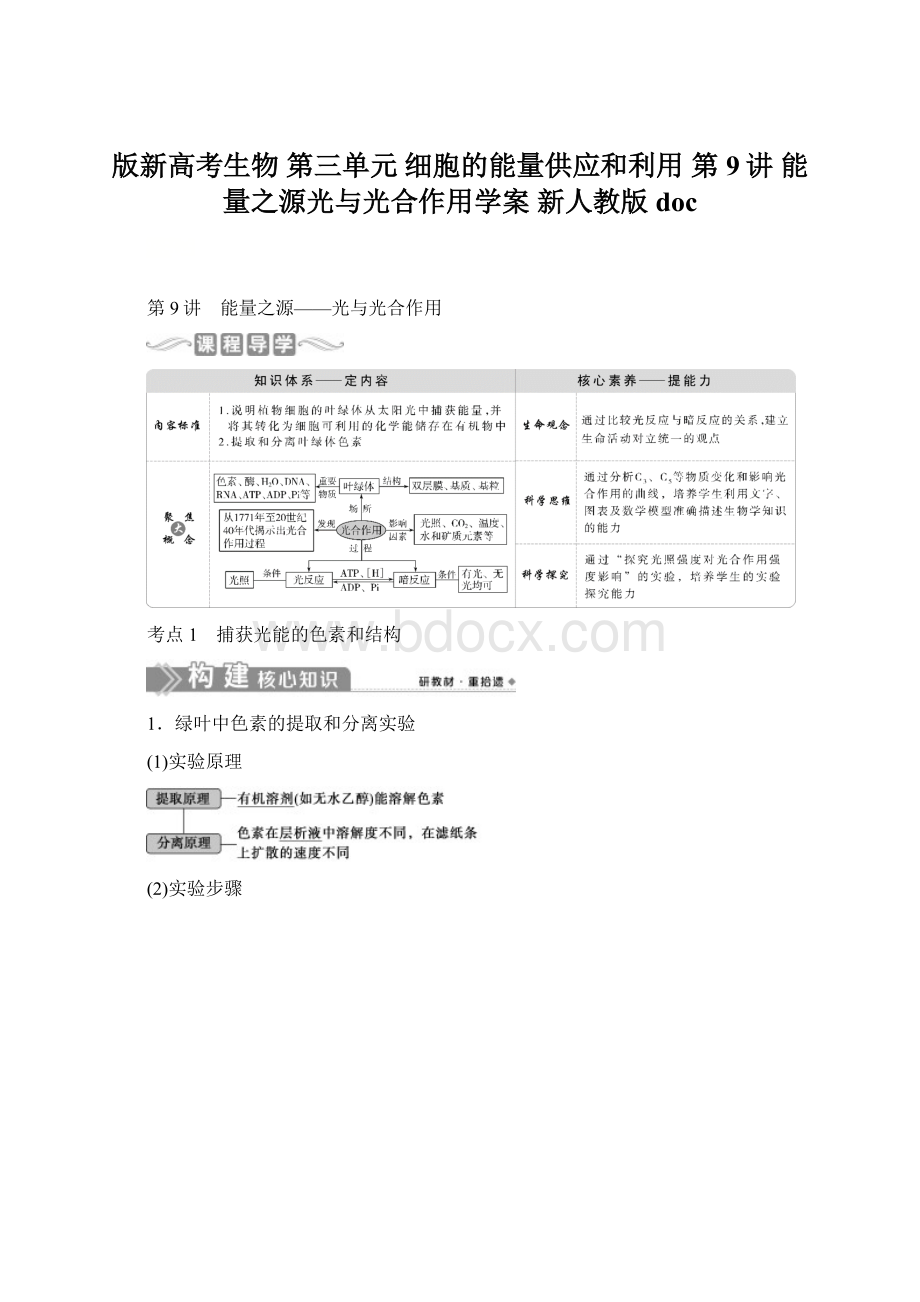 版新高考生物 第三单元 细胞的能量供应和利用 第9讲 能量之源光与光合作用学案 新人教版doc.docx_第1页