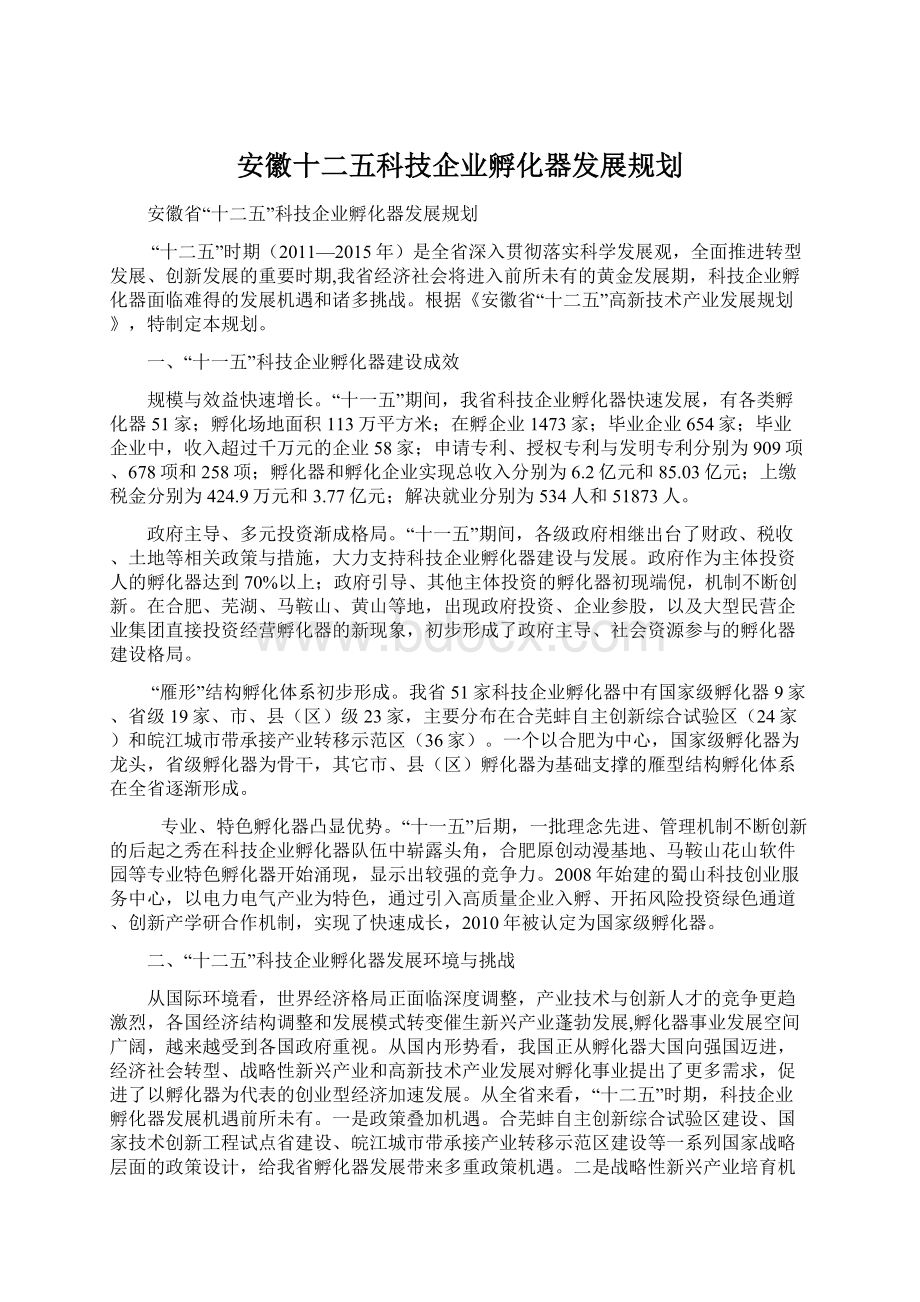 安徽十二五科技企业孵化器发展规划.docx