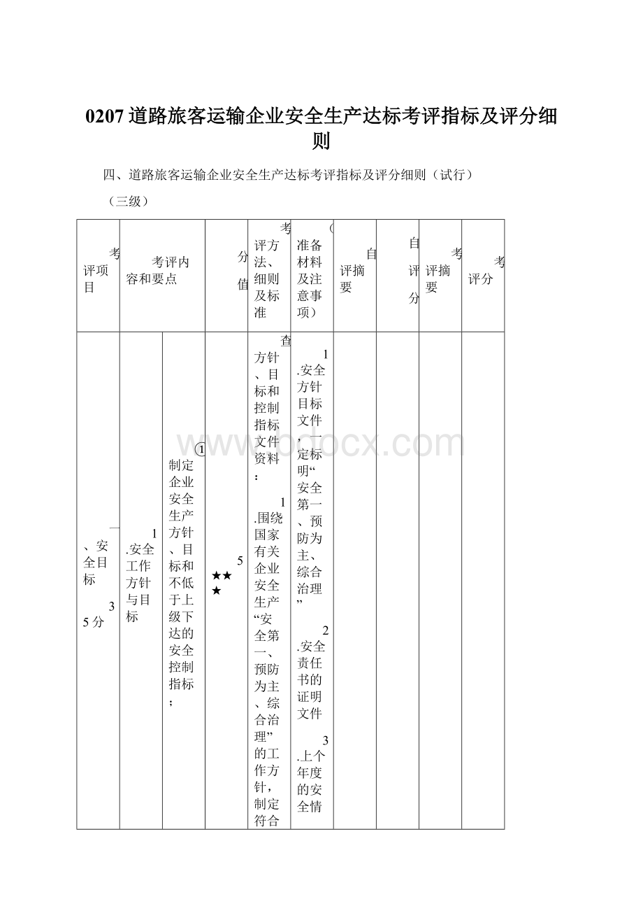 0207道路旅客运输企业安全生产达标考评指标及评分细则Word文件下载.docx