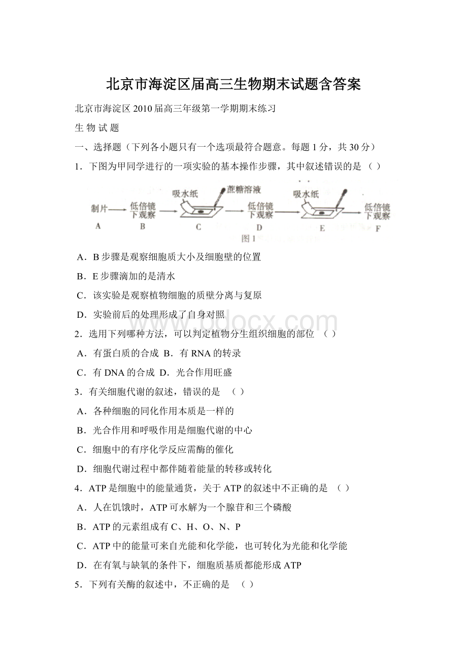 北京市海淀区届高三生物期末试题含答案文档格式.docx