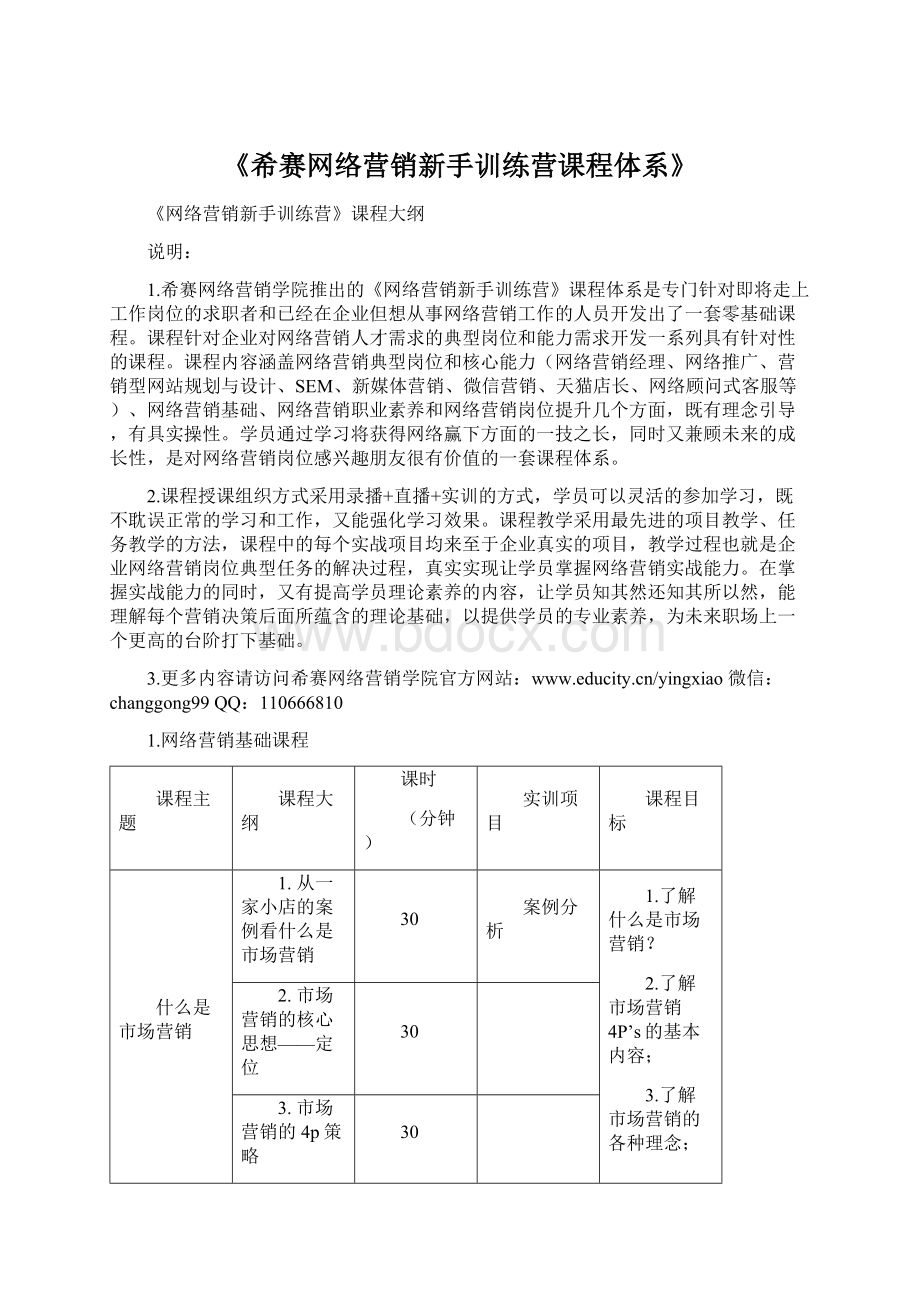 《希赛网络营销新手训练营课程体系》Word下载.docx