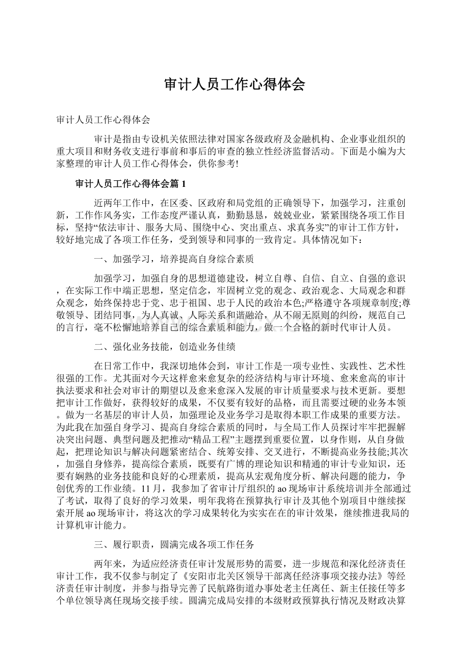 审计人员工作心得体会Word文档格式.docx