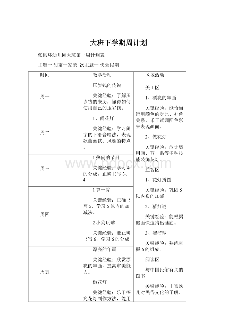 大班下学期周计划Word格式.docx