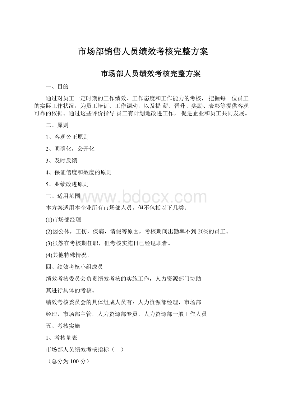 市场部销售人员绩效考核完整方案.docx_第1页