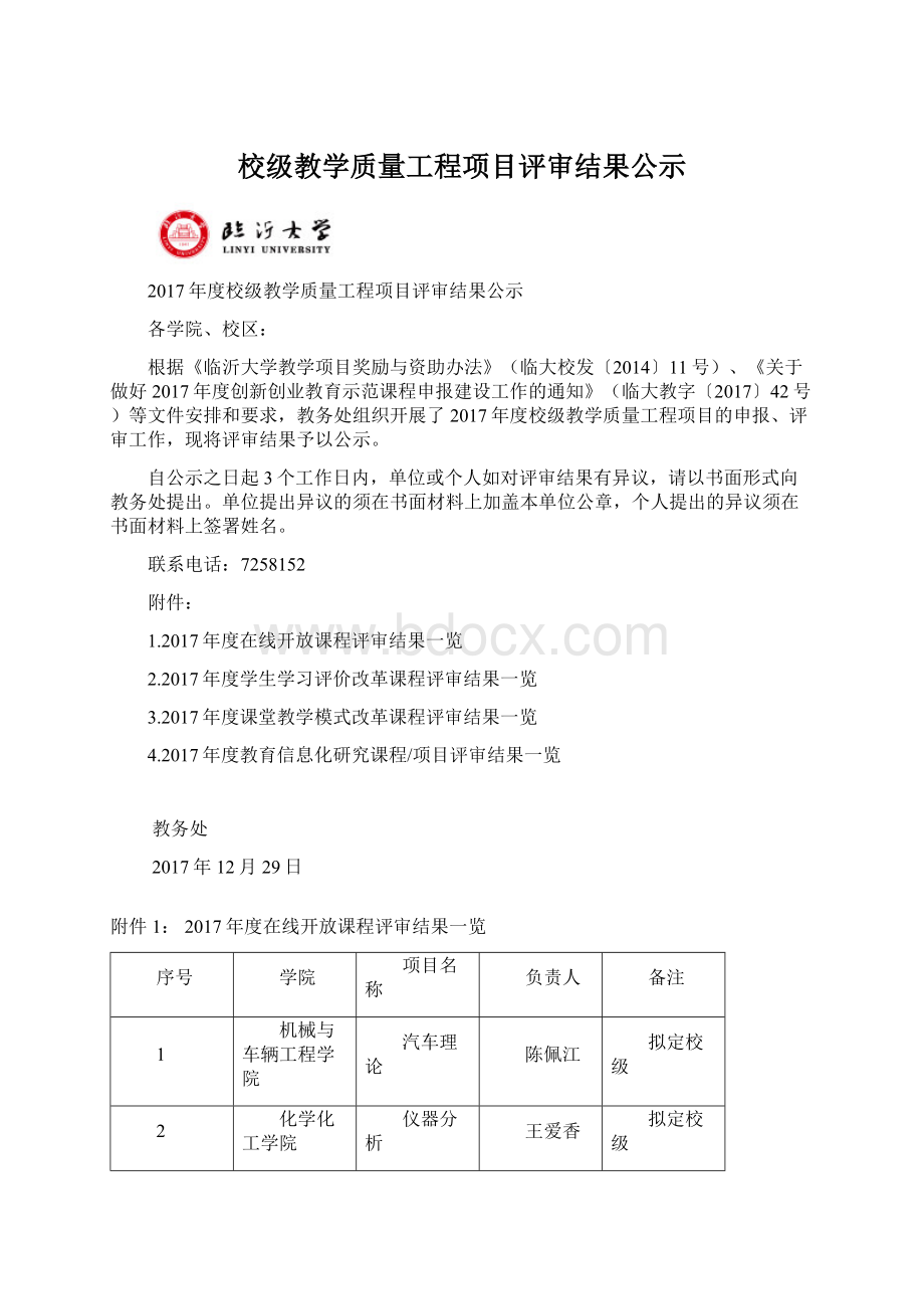 校级教学质量工程项目评审结果公示.docx