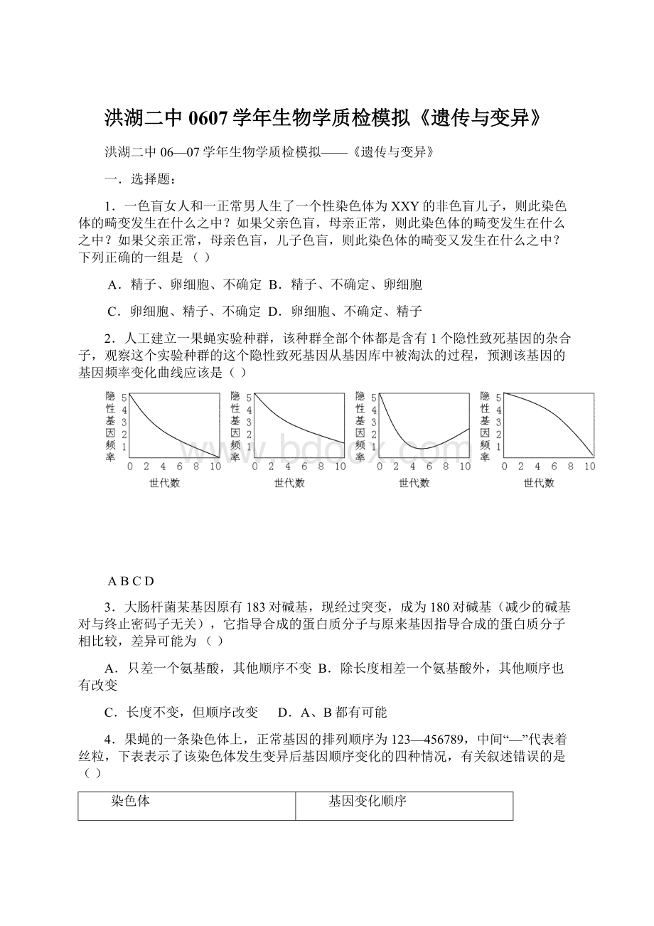 洪湖二中0607学年生物学质检模拟《遗传与变异》Word下载.docx