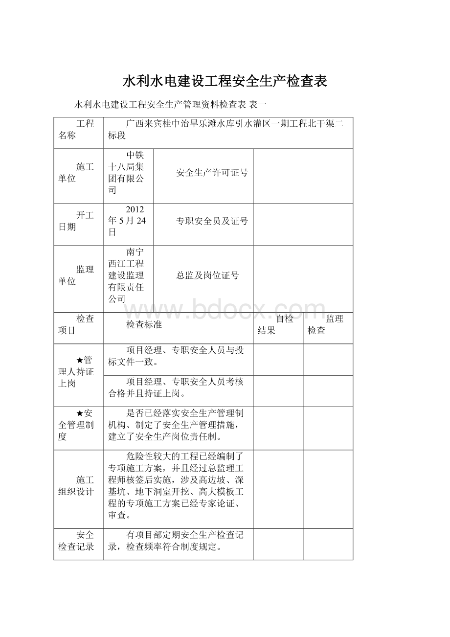 水利水电建设工程安全生产检查表.docx