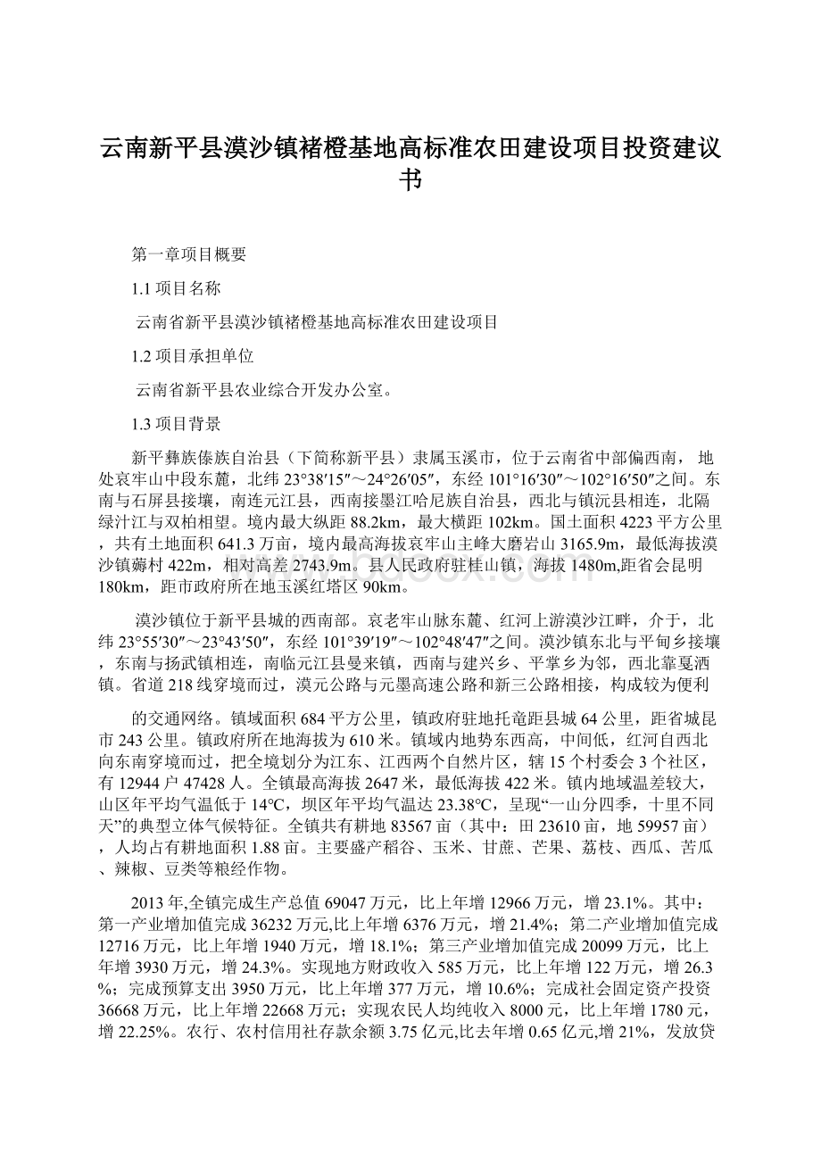 云南新平县漠沙镇褚橙基地高标准农田建设项目投资建议书文档格式.docx_第1页