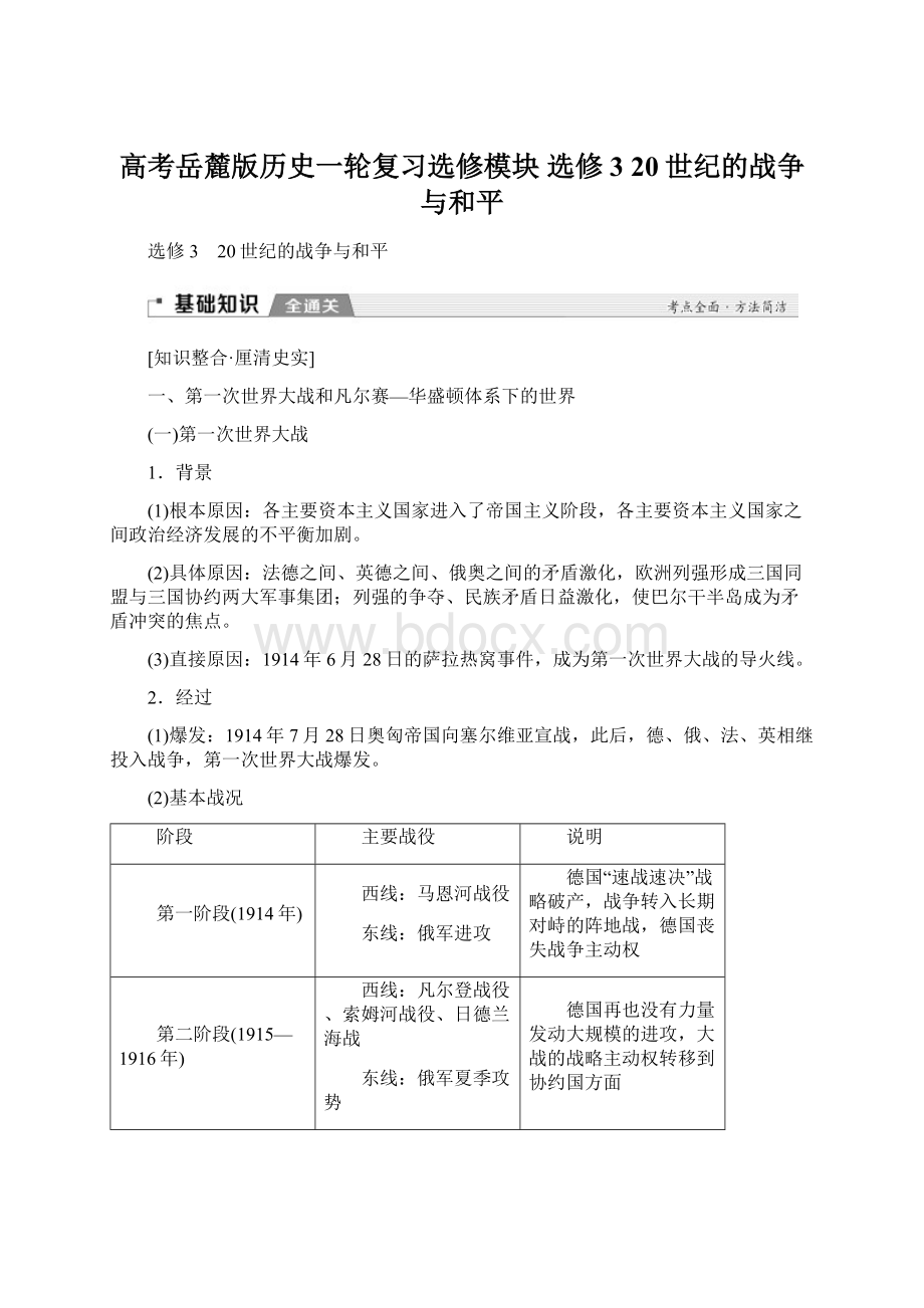 高考岳麓版历史一轮复习选修模块 选修3 20世纪的战争与和平Word格式.docx