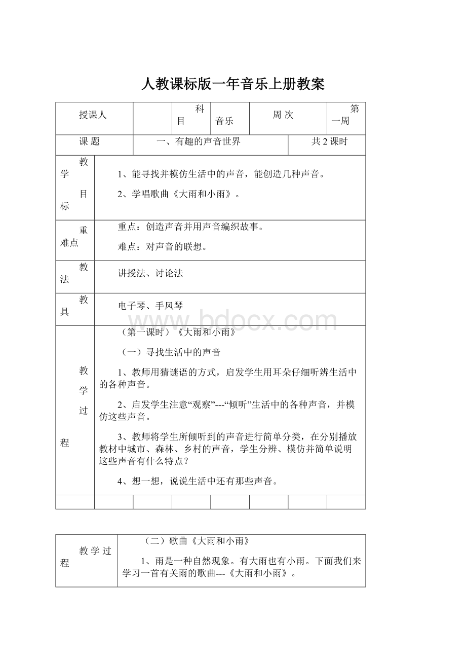 人教课标版一年音乐上册教案Word格式.docx