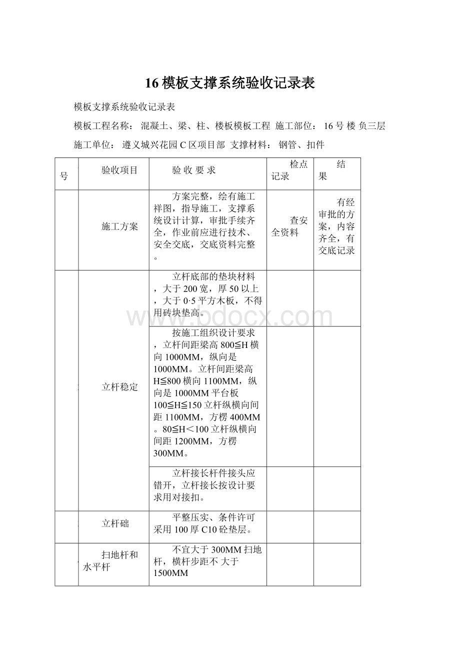 16模板支撑系统验收记录表Word文档下载推荐.docx