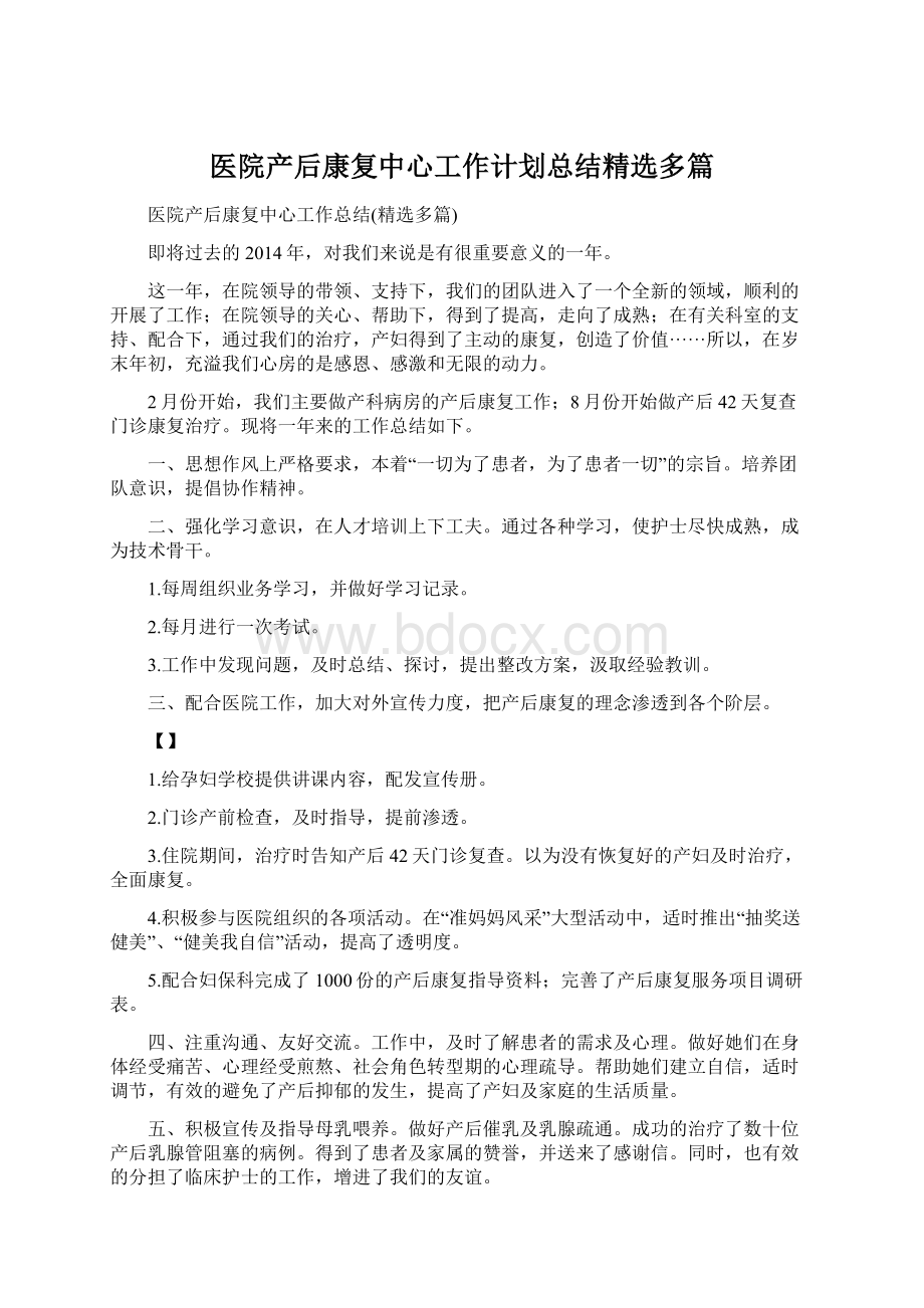 医院产后康复中心工作计划总结精选多篇文档格式.docx_第1页