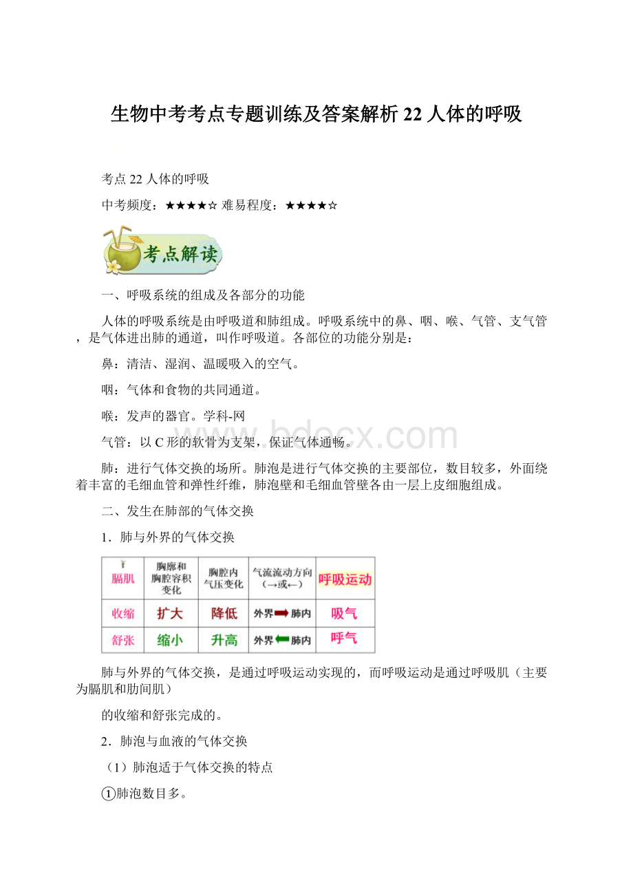 生物中考考点专题训练及答案解析22人体的呼吸.docx_第1页