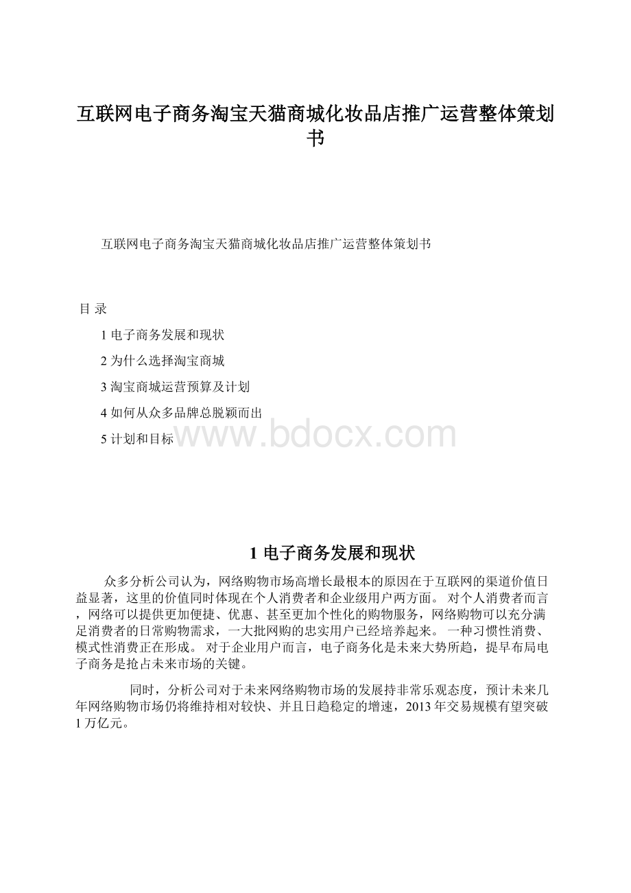 互联网电子商务淘宝天猫商城化妆品店推广运营整体策划书.docx_第1页