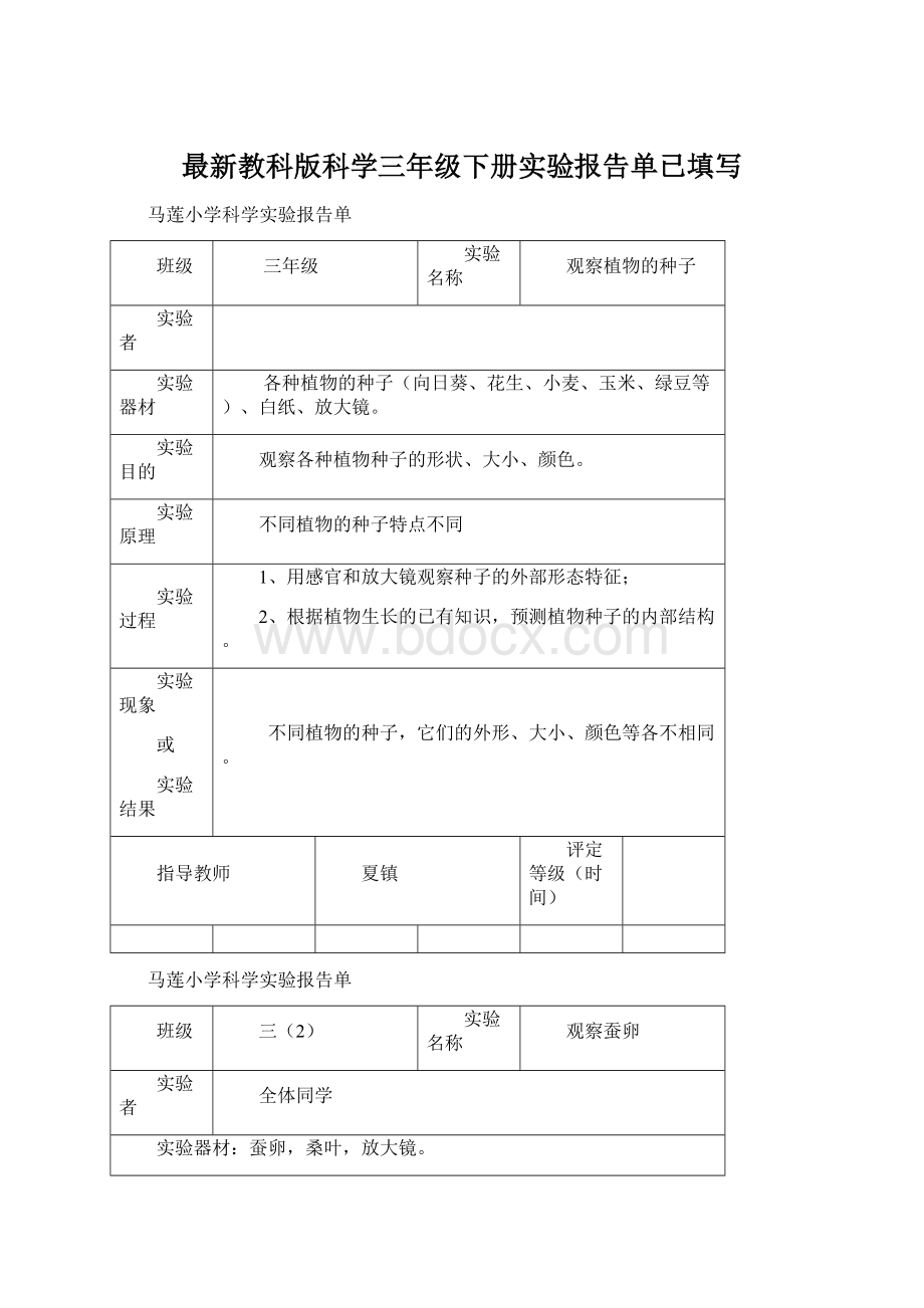 最新教科版科学三年级下册实验报告单已填写Word格式.docx