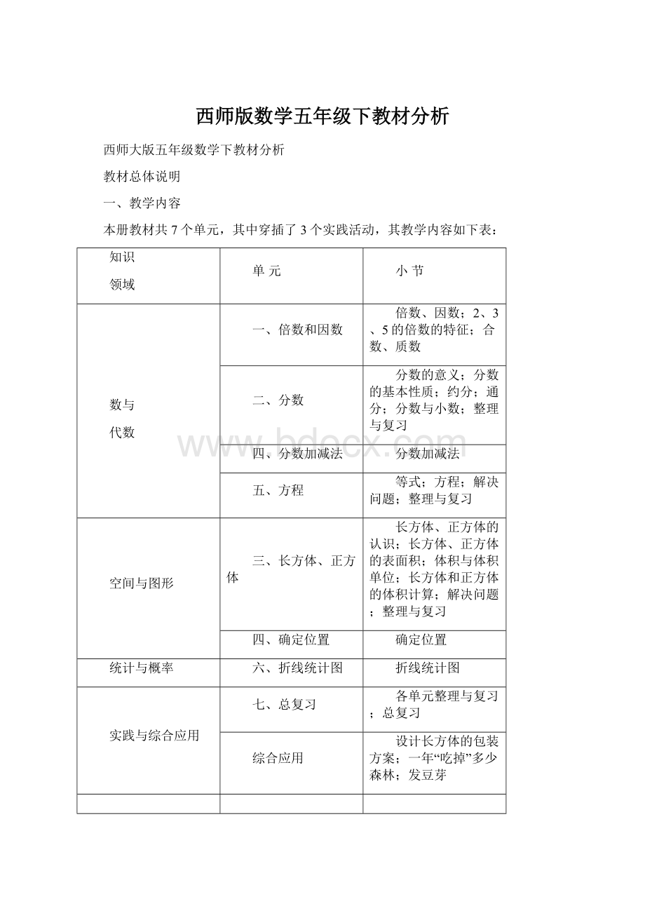 西师版数学五年级下教材分析文档格式.docx