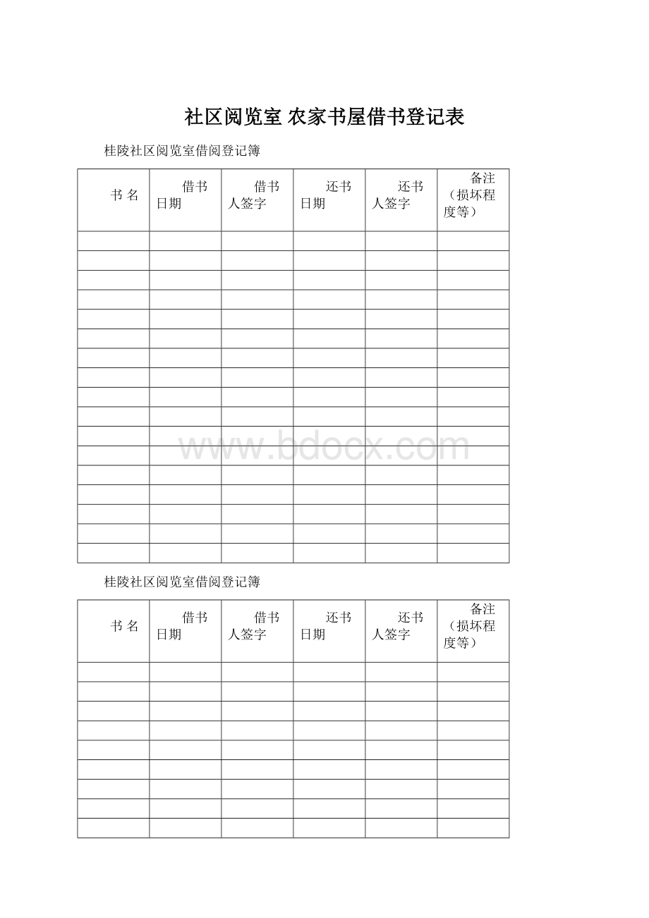 社区阅览室 农家书屋借书登记表.docx_第1页