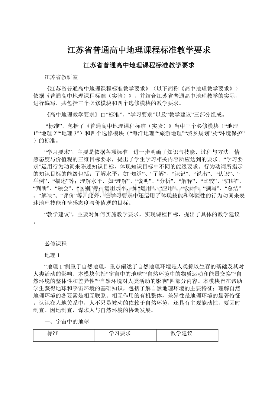 江苏省普通高中地理课程标准教学要求.docx