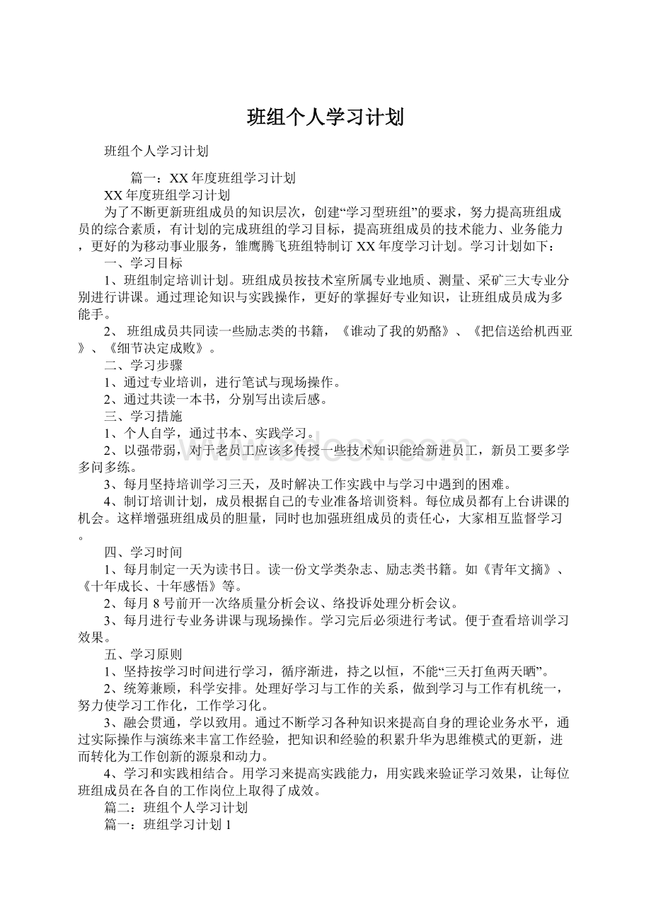 班组个人学习计划Word文档格式.docx