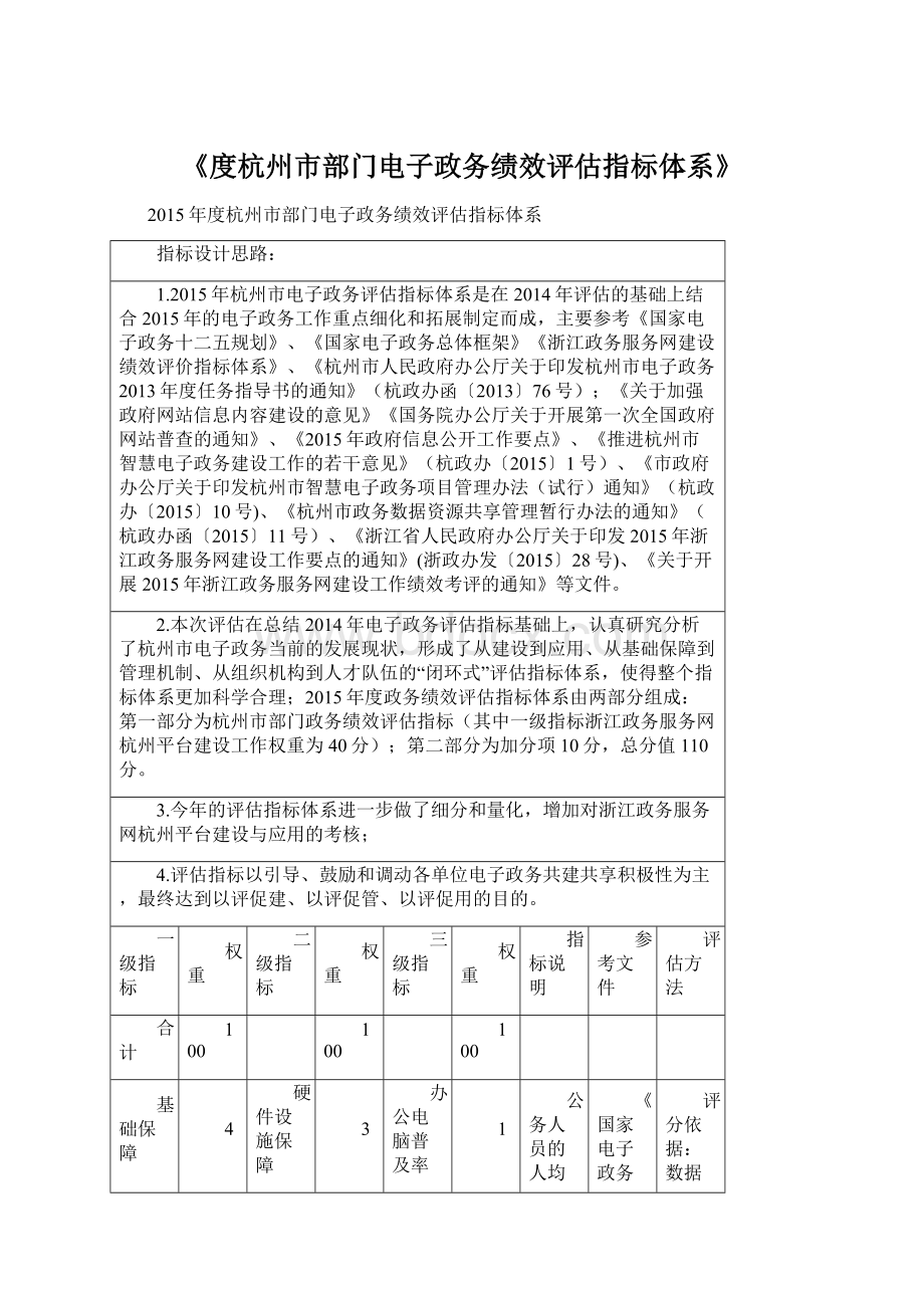 《度杭州市部门电子政务绩效评估指标体系》Word文档下载推荐.docx