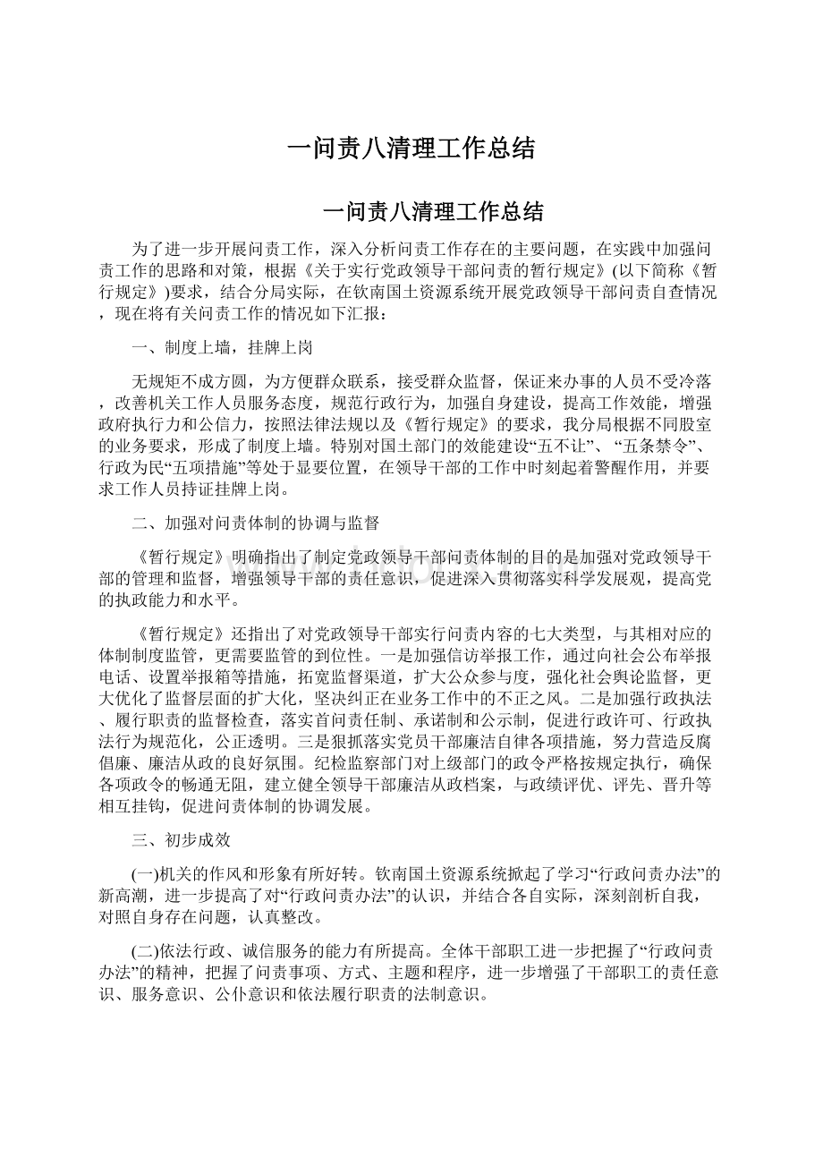 一问责八清理工作总结Word下载.docx