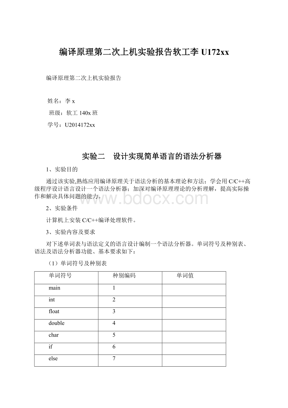 编译原理第二次上机实验报告软工李U172xx.docx_第1页