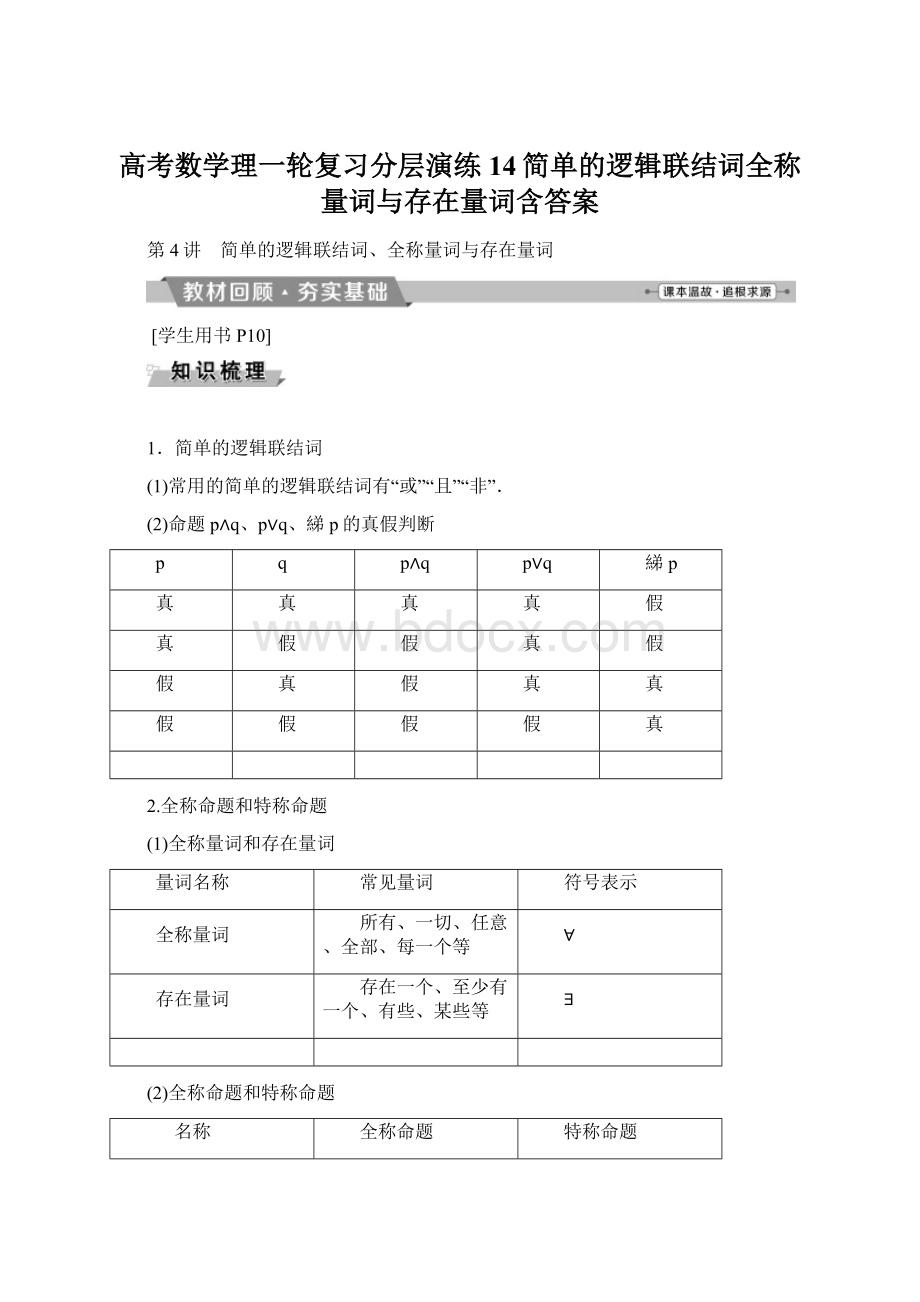 高考数学理一轮复习分层演练14简单的逻辑联结词全称量词与存在量词含答案Word格式文档下载.docx_第1页