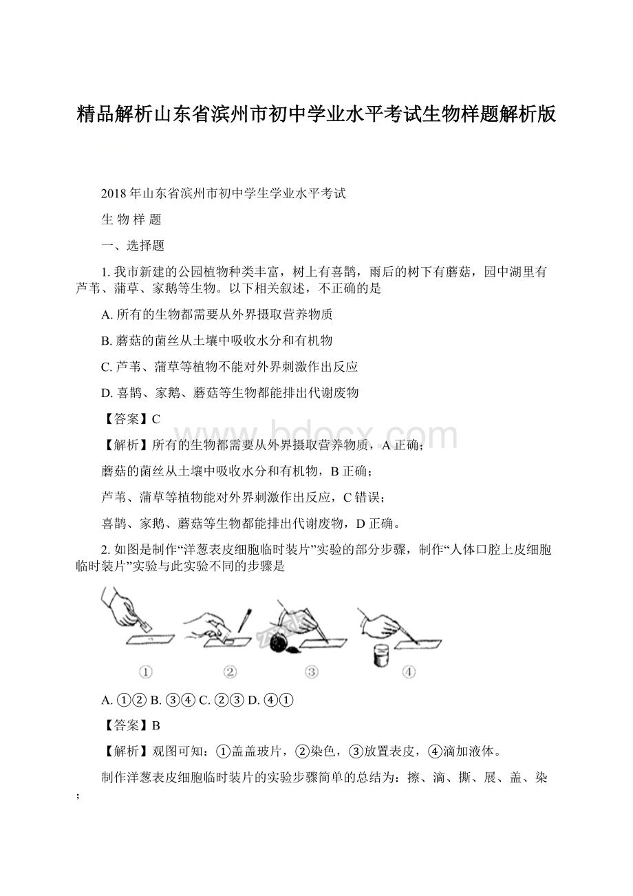 精品解析山东省滨州市初中学业水平考试生物样题解析版Word文档格式.docx_第1页