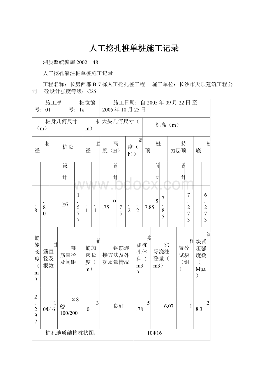 人工挖孔桩单桩施工记录Word文档下载推荐.docx_第1页