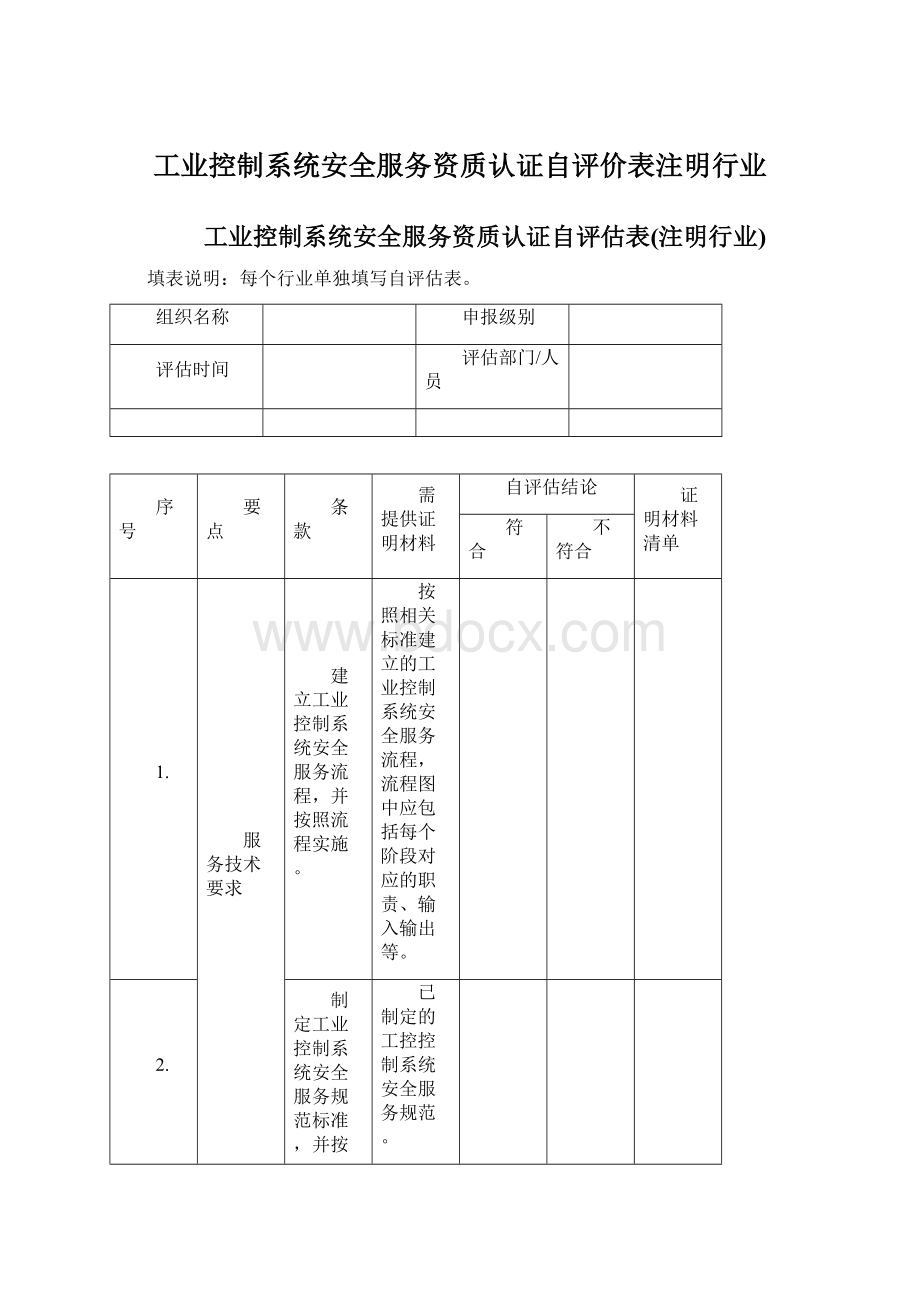 工业控制系统安全服务资质认证自评价表注明行业文档格式.docx_第1页