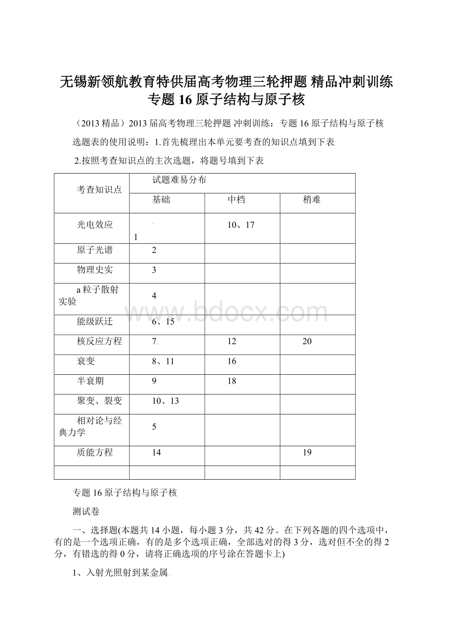 无锡新领航教育特供届高考物理三轮押题 精品冲刺训练 专题16 原子结构与原子核.docx