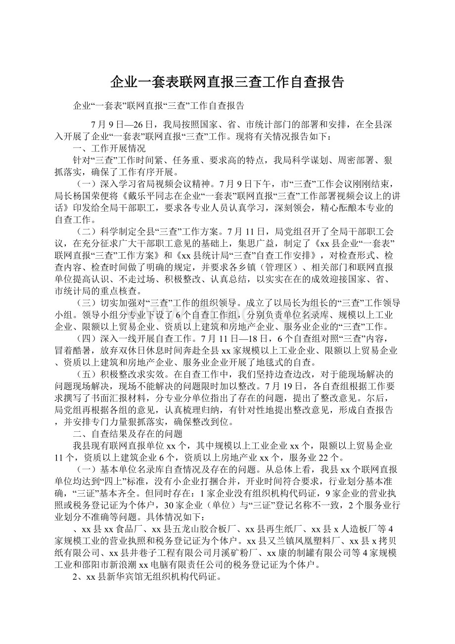 企业一套表联网直报三查工作自查报告Word格式文档下载.docx