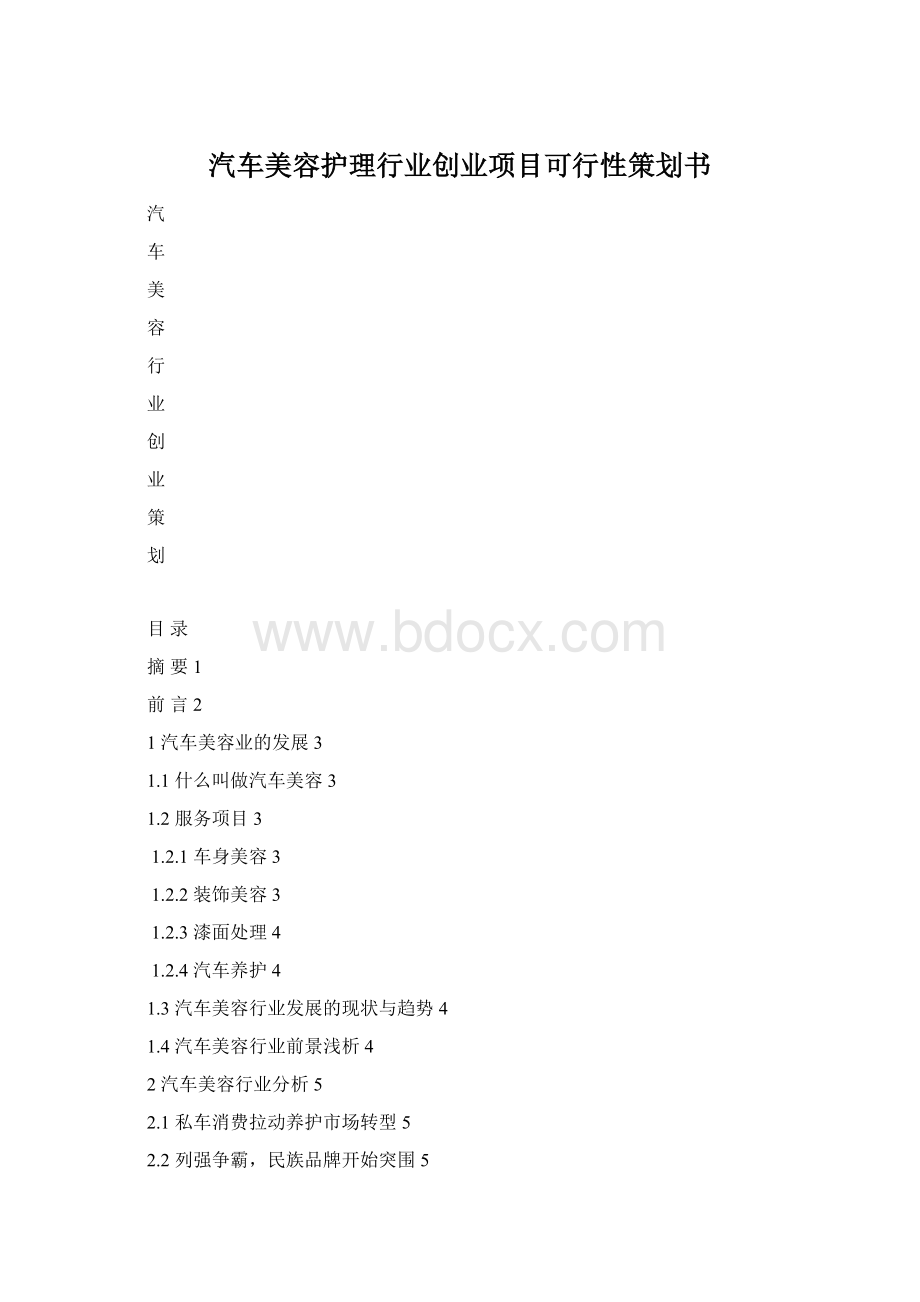 汽车美容护理行业创业项目可行性策划书Word文档下载推荐.docx_第1页