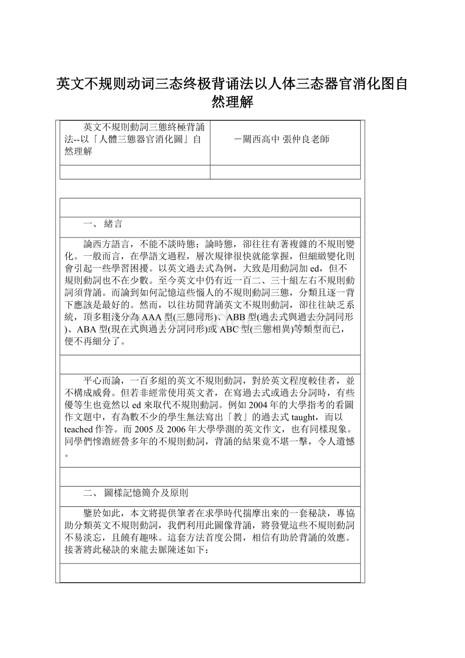 英文不规则动词三态终极背诵法以人体三态器官消化图自然理解文档格式.docx_第1页