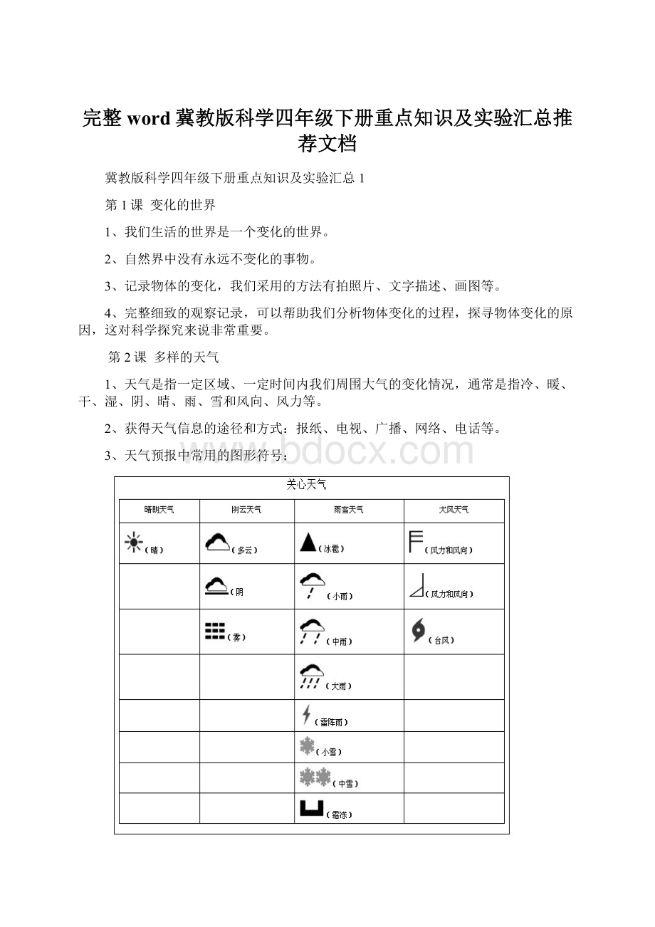 完整word冀教版科学四年级下册重点知识及实验汇总推荐文档.docx_第1页